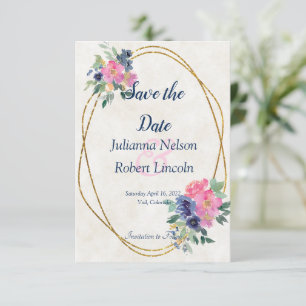 Pink and blue watercolor floral save the date invi invitation