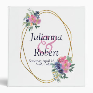 Pink and blue watercolor floral wedding 3 ring b binder
