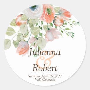 Pink and blue watercolor floral wedding classic r round sticker