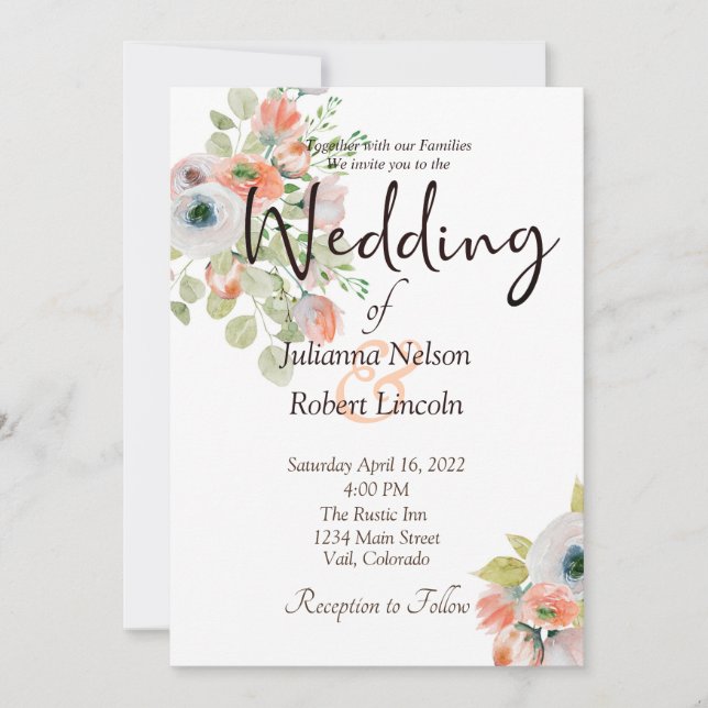 Pink and blue watercolor floral wedding invitation (Front)