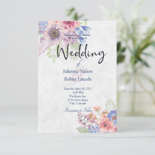 Pink and blue watercolor floral wedding invitation