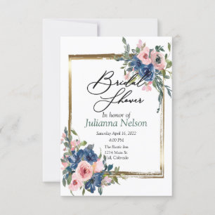 Pink and blue watercolor floral with gold frame i invitation