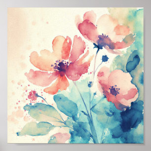 Pink and blue watercolor flowers art poster
