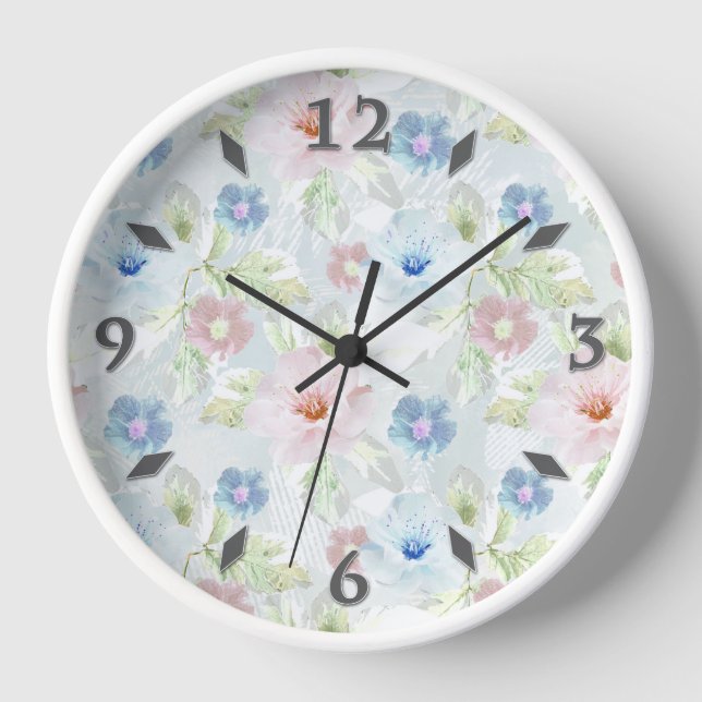 Pink and blue watercolor flowers. clock (Front)