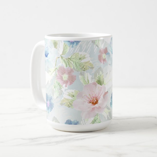 Pink and blue watercolor flowers.  coffee mug (Front Left)