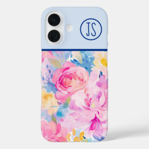 Pink and Blue Watercolor Flowers Monogrammed iPhone 16 Case