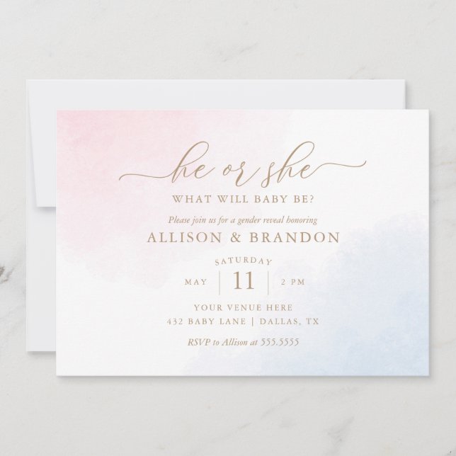 Pink and Blue Watercolor Gender Reveal Invitation (Front)