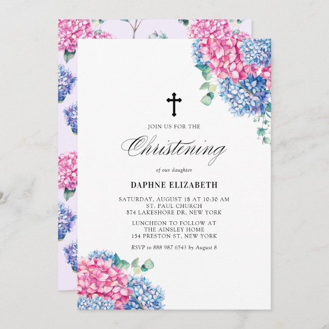 Pink and Blue Watercolor Hydrangeas Christening Invitation (Front/Back)