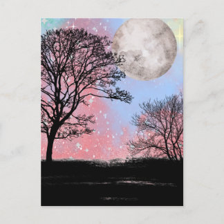 Pink And Blue Watercolor Sky Trees And Moon Postcard
