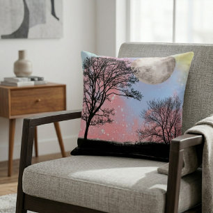 Pink And Blue Watercolor Sky Trees And Moon Throw Pillow
