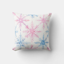 Pink and Blue Watercolor Snowflake Throw Pillow