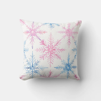Pink and Blue Watercolor Snowflake Throw Pillow