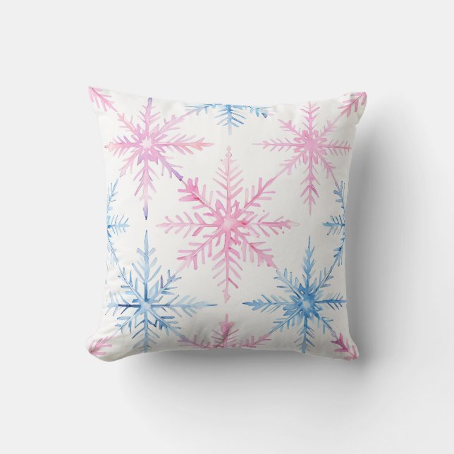 Pink and Blue Watercolor Snowflake Throw Pillow (Front)