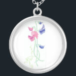 Pink and Blue Watercolor Sweet Peas on White Silver Plated Necklace<br><div class="desc">A pretty wedding gift for your bridesmaids to thank them for making your special day perfect. This silver-plated pendant necklace matches your wedding stationery and is from a watercolour painting by Judy Adamson.</div>