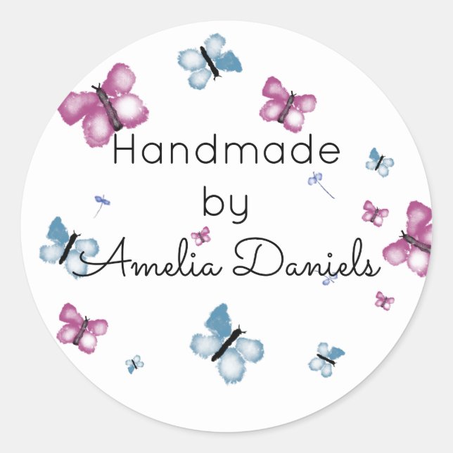 Pink and Blue Watercolour Butterfly Handmade by  Classic Round Sticker (Front)