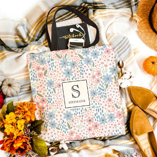 Pink and Blue Whimsical Floral Pattern Monogram Tote Bag