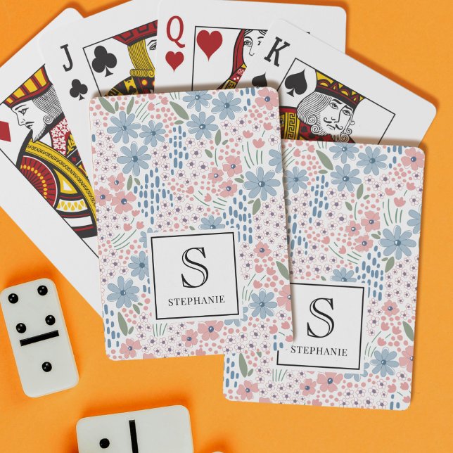 Pink and Blue Whimsical Floral Patterns Monogram Playing Cards (Creator Uploaded)