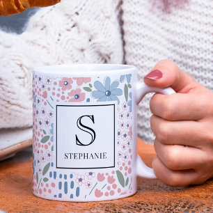 Pink and Blue Whimsical Flowers Pattern Monogram Coffee Mug