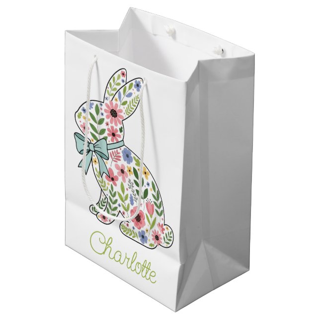 Pink and Blue Wildflower Easter Rabbit Medium Gift Bag (Front Angled)