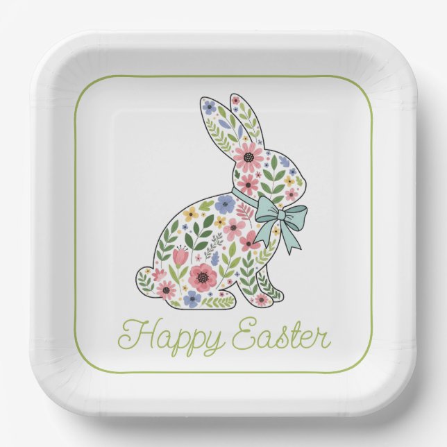 Pink and Blue Wildflower Easter Rabbit Paper Plate (Front)