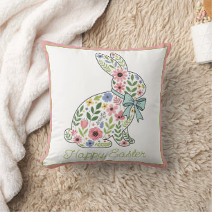 Pink and Blue Wildflower Easter Rabbit Throw Pillow