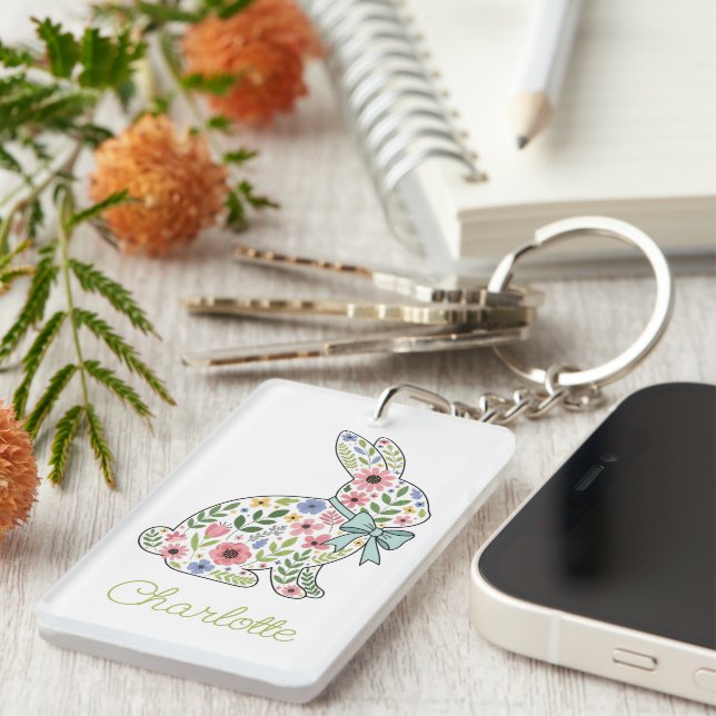 Pink and Blue Wildflower Spring Rabbit Keychain (Front Right)