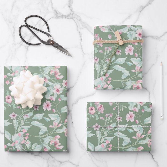 Pink and blush floral pattern wrapping paper sheet (Front)