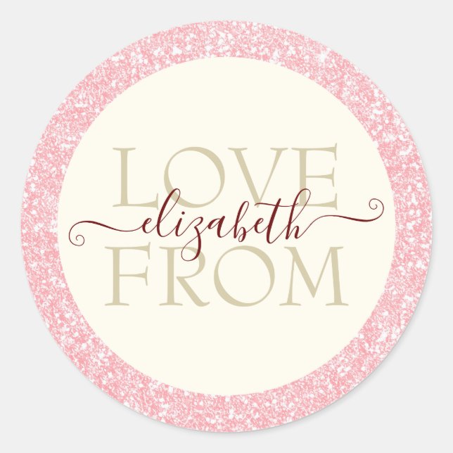 Pink and Blush Glitter Love From Name Custom Classic Round Sticker (Front)