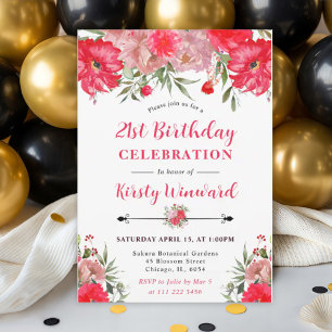 Pink and Blush Summer Flowers 21st Birthday Invitation