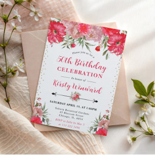 Pink and Blush Summer Flowers 50th Birthday Invitation