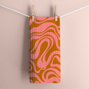 Pink and Brown 1970s Retro Modern Swirl Kitchen Towel