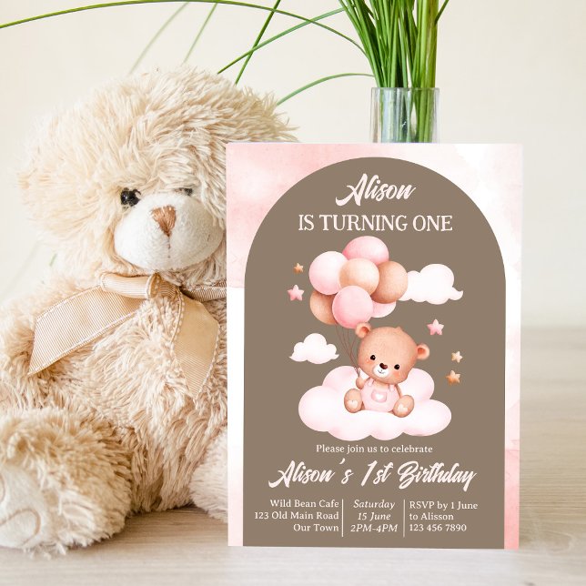 Pink and brown arch teddy bear with balloons party invitation (Creator Uploaded)