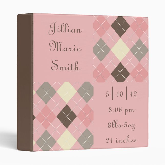 Pink and Brown Argyle Baby Book Binder (Front/Spine)