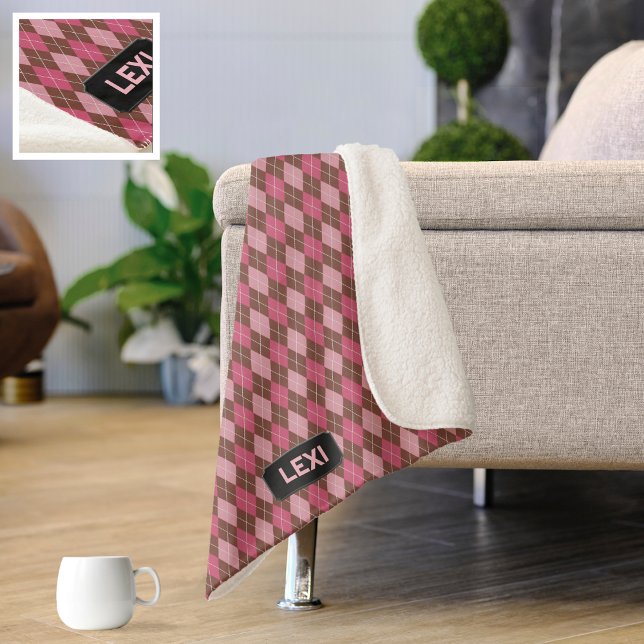 Pink and Brown Argyle Diamonds with intials / name Sherpa Blanket (Creator Uploaded)