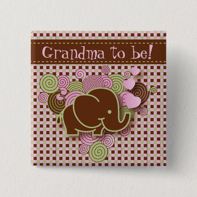 Pink and Brown Baby Elephant | Grandma to be 2 Inch Square Button (Front)