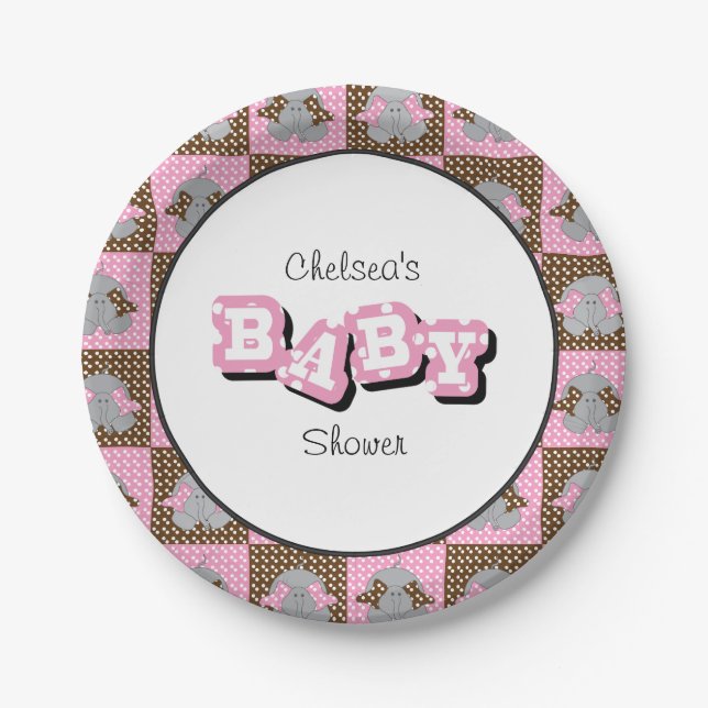 Pink and Brown Baby Elephants | Personalize Paper Plate (Front)