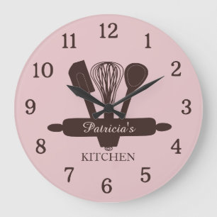 Pink And Brown Baking Utensils Kitchen Name Large Clock