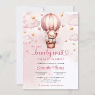 Pink and brown bearly wait girl baby shower invitation