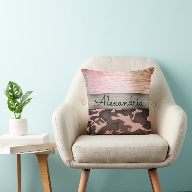 Pink and Brown Camo Personalized Throw Pillow (Chair)