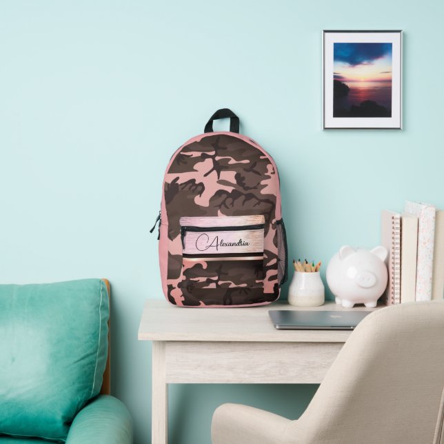 Pink and Brown Camo Shimmery Chic Personalized Printed Backpack (Insitu)