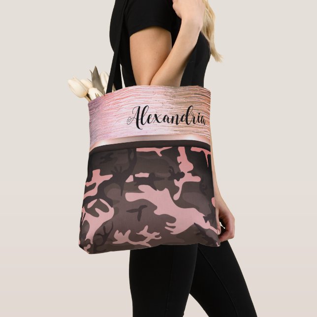 Pink and Brown Camo Shimmery Chic Tote Bag (Close Up)