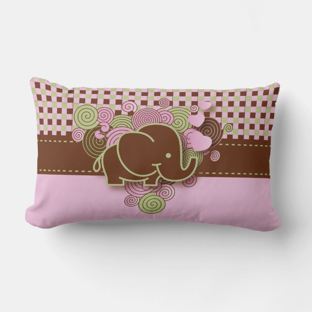 Pink and Brown Chequered Baby Elephant Lumbar Pillow (Front)