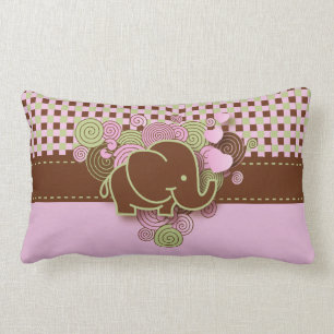 Pink and Brown Chequered Baby Elephant Lumbar Pillow