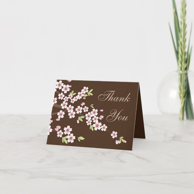 Pink and Brown Cherry Blossom, Thank you Note Card (Front)