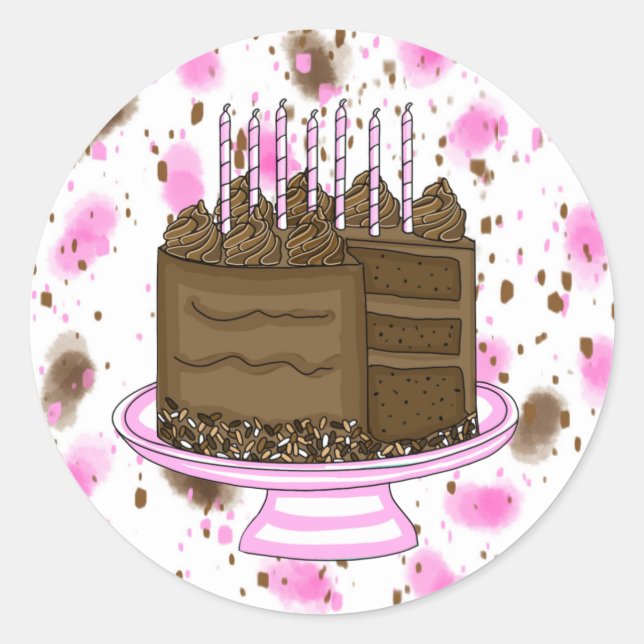 Pink and Brown Chocolate Cake Birthday Classic Round Sticker (Front)