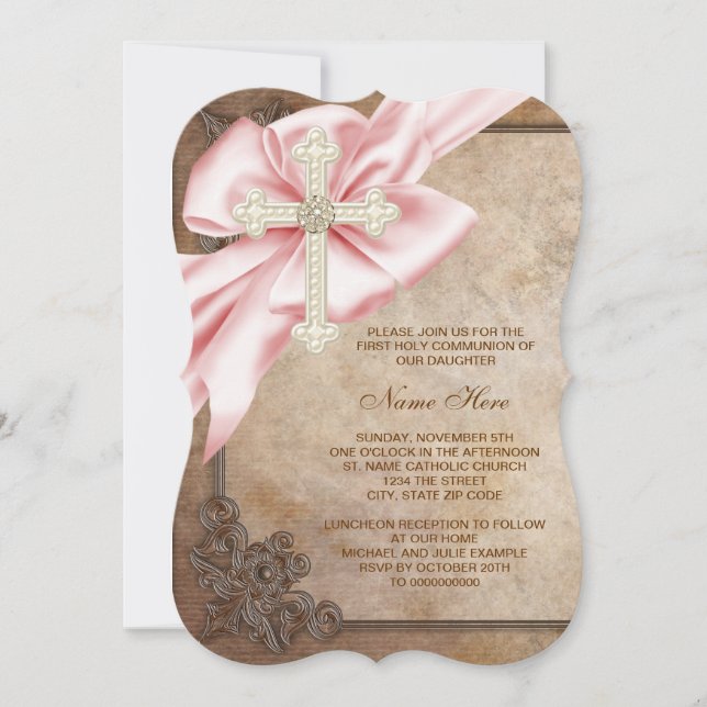 Pink and Brown Cross First Communion Invitation (Front)