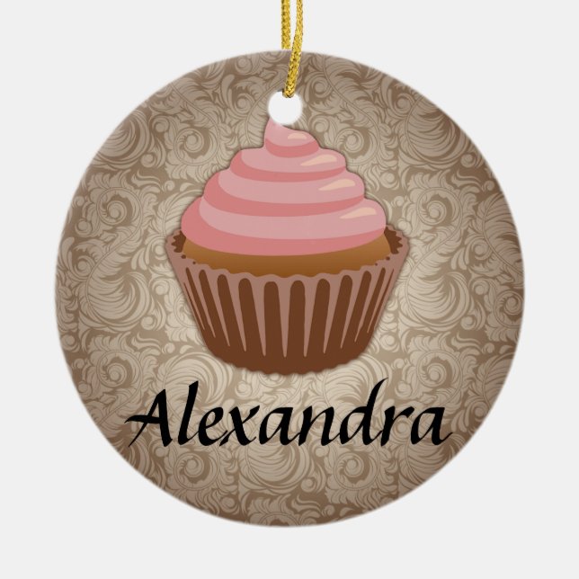Pink and Brown Cupcake Custom Round Ornament (Front)