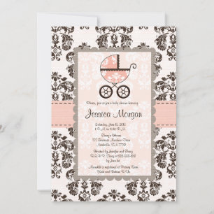 Pink and Brown Damask Baby Shower Invitations