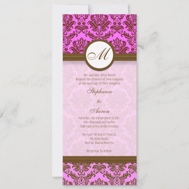Pink and brown Damask Monogram Wedding Invitation (Front)