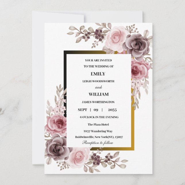 Pink and Brown Elegant Rose Floral Wedding  Invitation (Front)